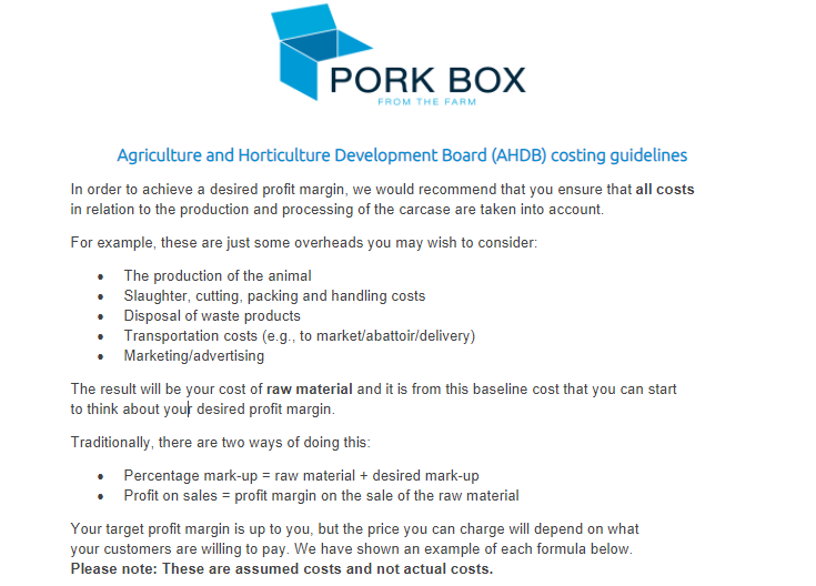 Pork box - costing guidelines